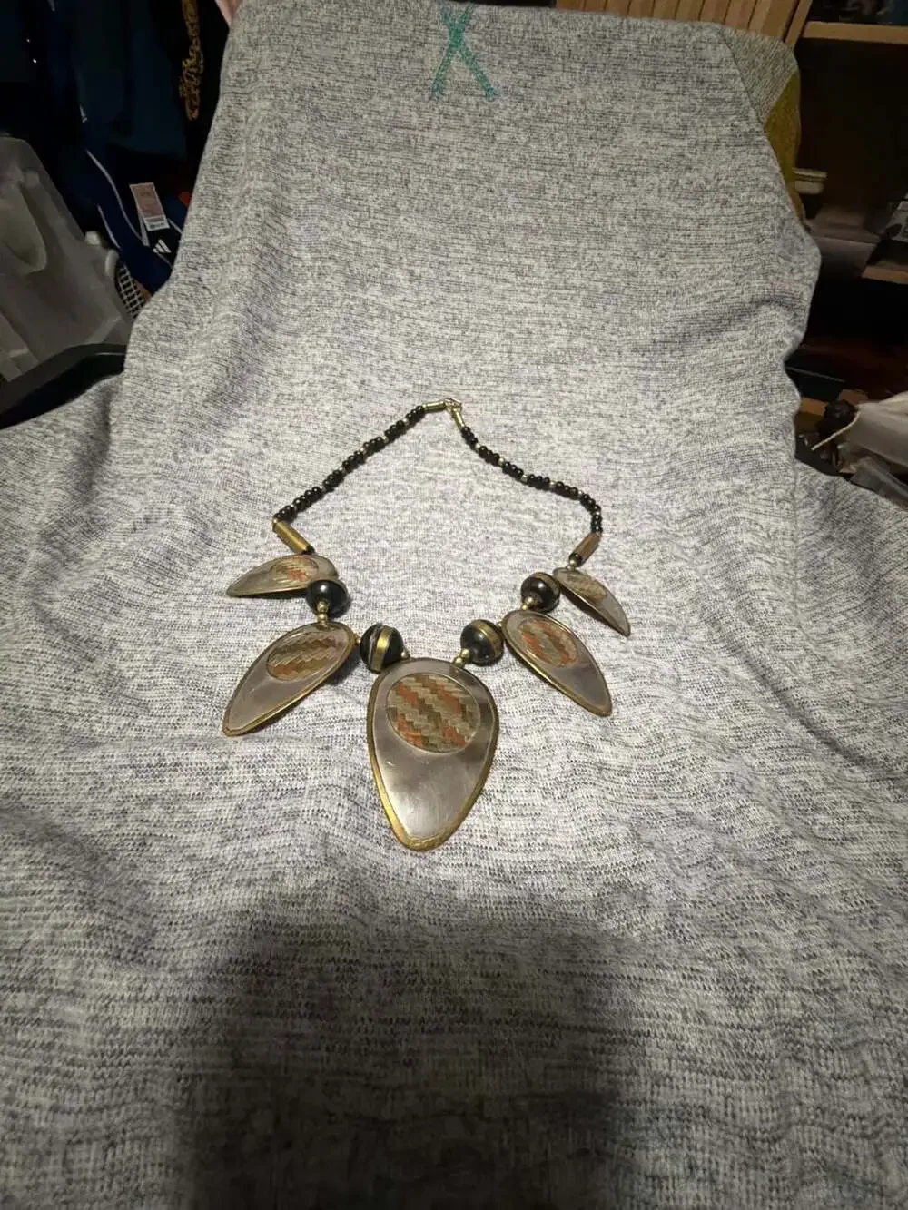 Vintage Statement Necklace Brass Copper Black Bone Bead Tribal Boho